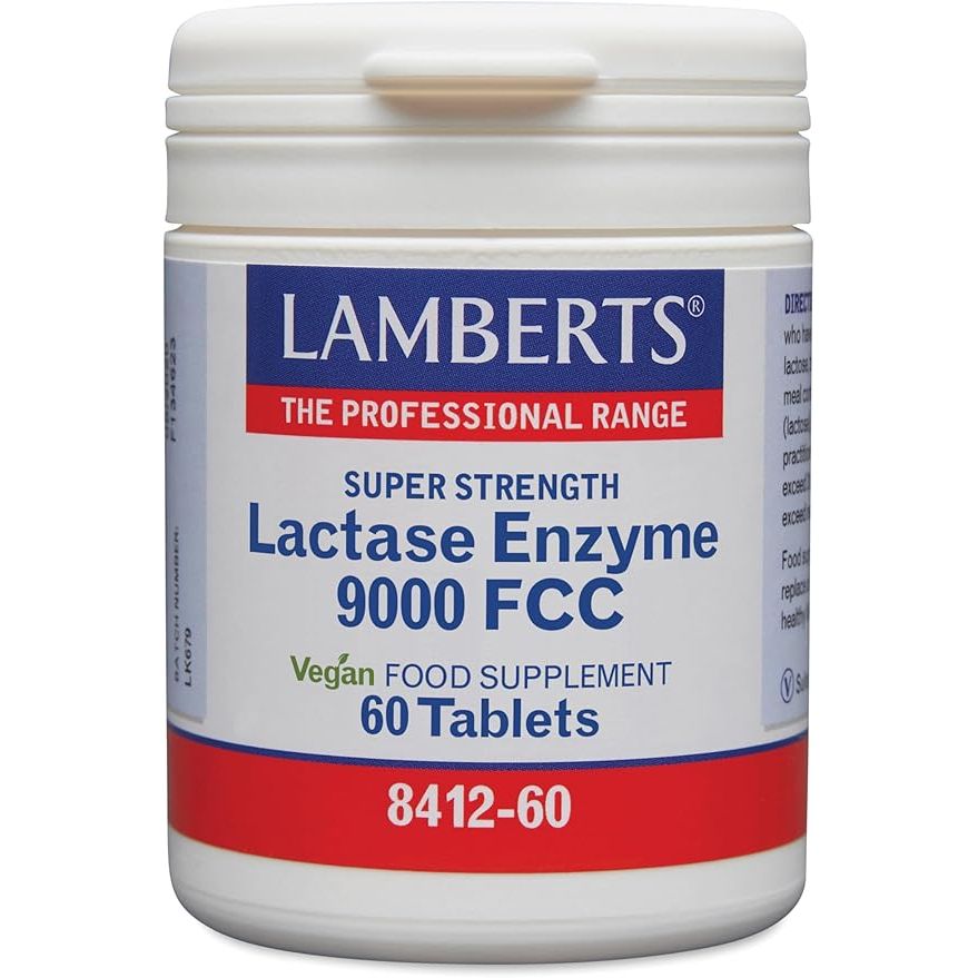 Bottle of Lactase Enzyme digestive support supplements by Pasteur Pharmacy, 60 caplets for aiding digestion.