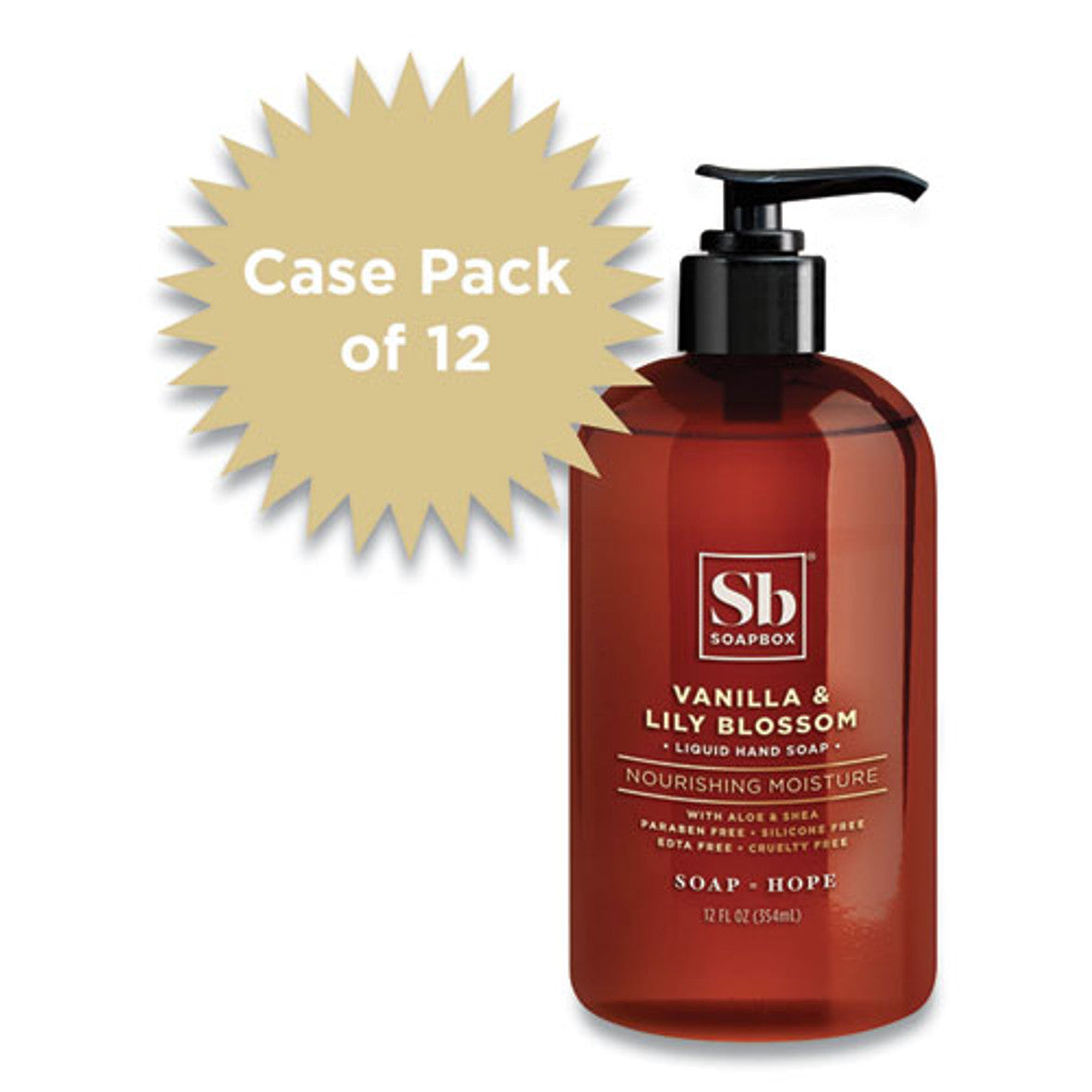 Pasteur Pharmacy Soapbox Liquid Vanilla & Lily Blossom Hand Soap in 12 fl oz bottle with floral and vanilla soap design.