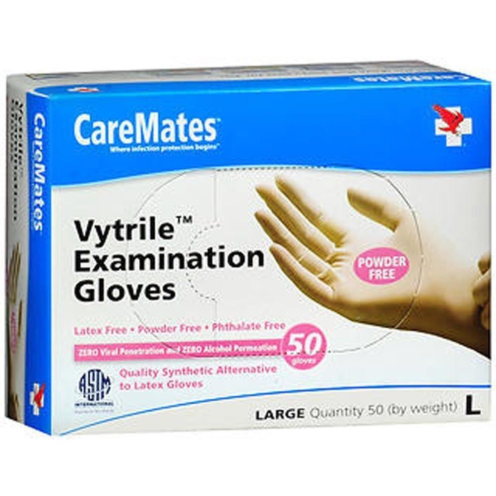Large powder-free Caremates Vytrile disposable gloves by Pasteur Pharmacy, 50-count, shown in a row with gloves stretched open.