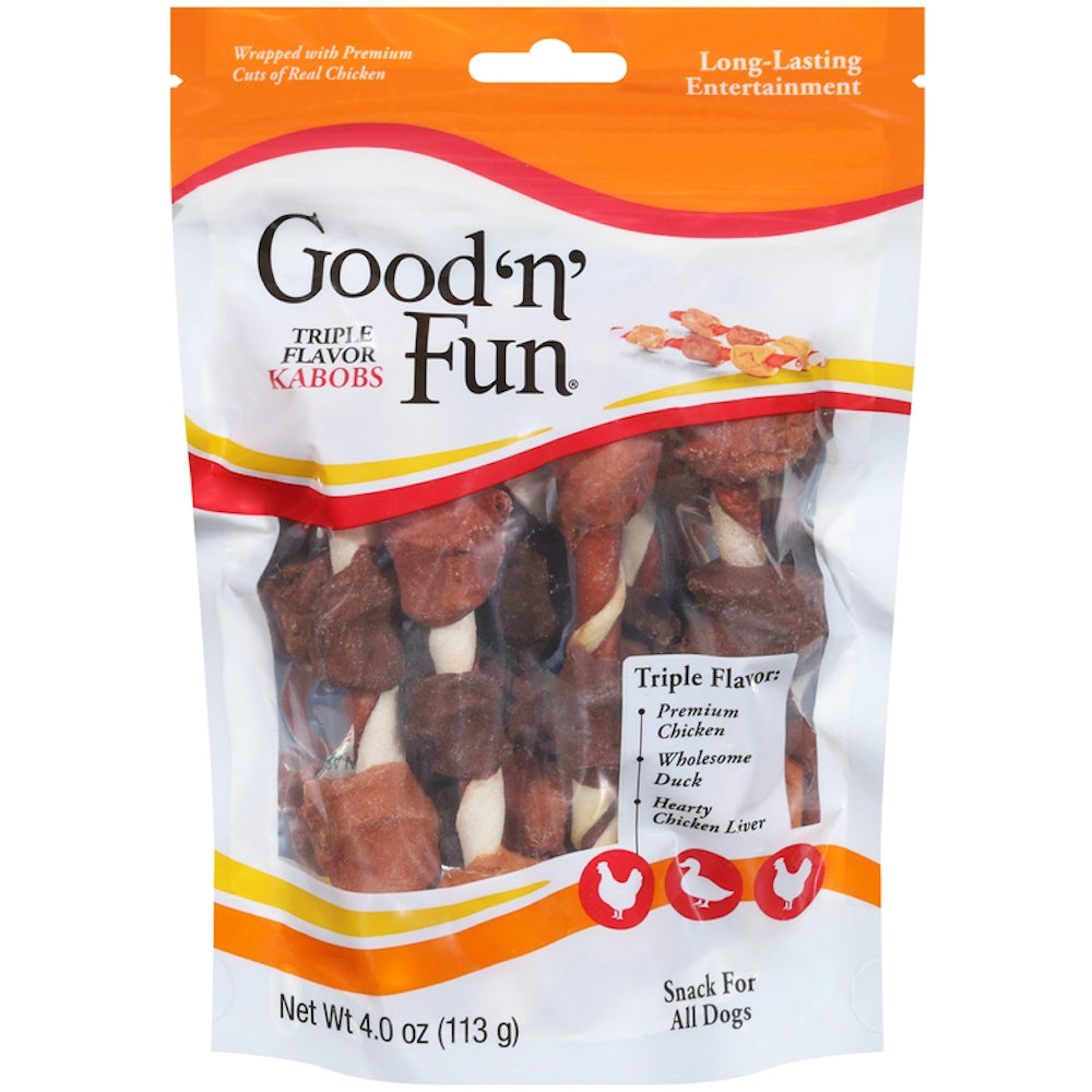 Dog treats by Pasteur Pharmacy, Good 'n' Fun Triple Flavor Kabobs snack for all dogs, 4 ounces, with colorful treat sticks in the image.
