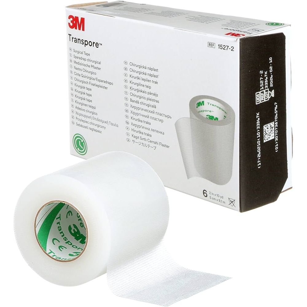 3M™ Transpore™ transparent medical tape on a roll, 2 inches by 10 yards, used for medical and eyelid taping applications.