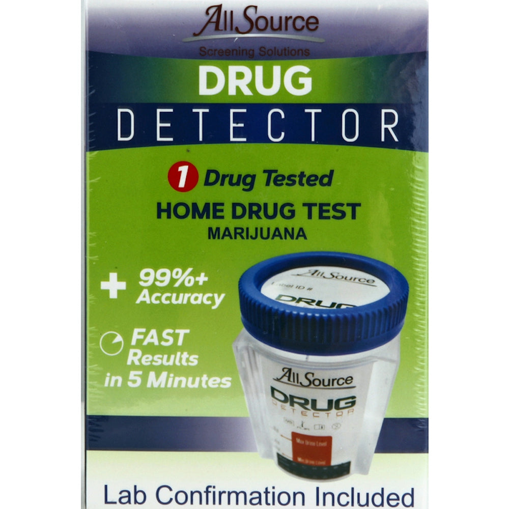 All Source Home Drug Test for Marijuana by Pasteur Pharmacy, showing testing kit with sample collection cup and testing strips.