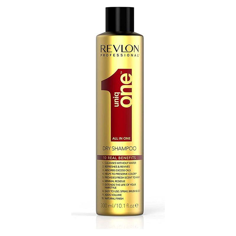 Revlon Uniq One All-In-One Dry Shampoo 10.1 oz bottle with spray nozzle, designed for freshening hair without washing.