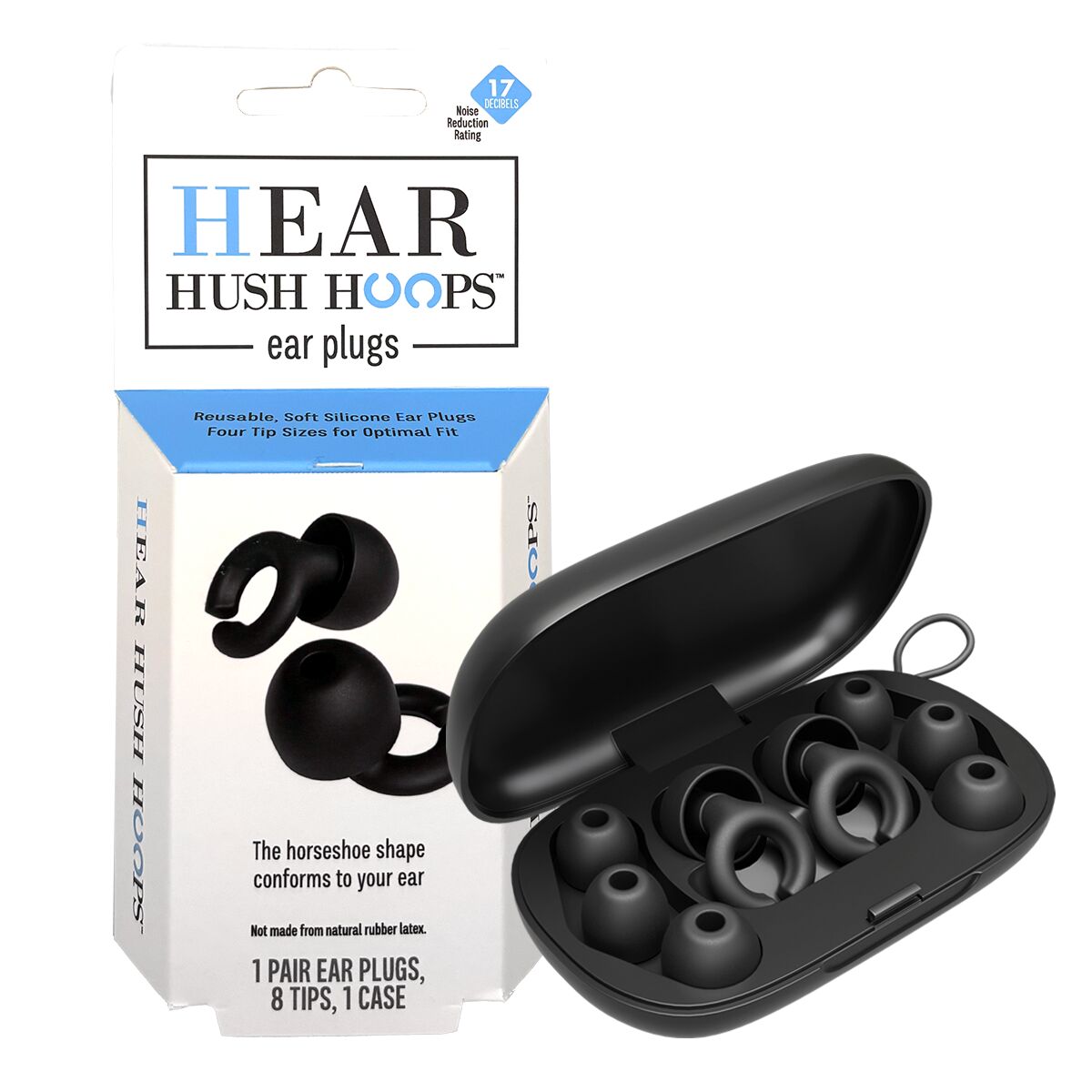 Black Hear Hush Hoops Ear Plug by Pasteur Pharmacy for ear care, shown in a close-up image highlighting its design.
