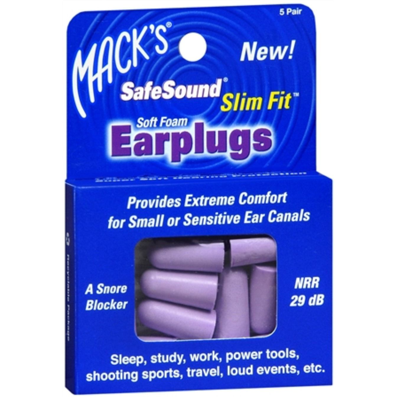Mack's Slim Fit Soft Foam Earplugs in a pack of 5, designed for comfortable noise reduction and easy insertion.