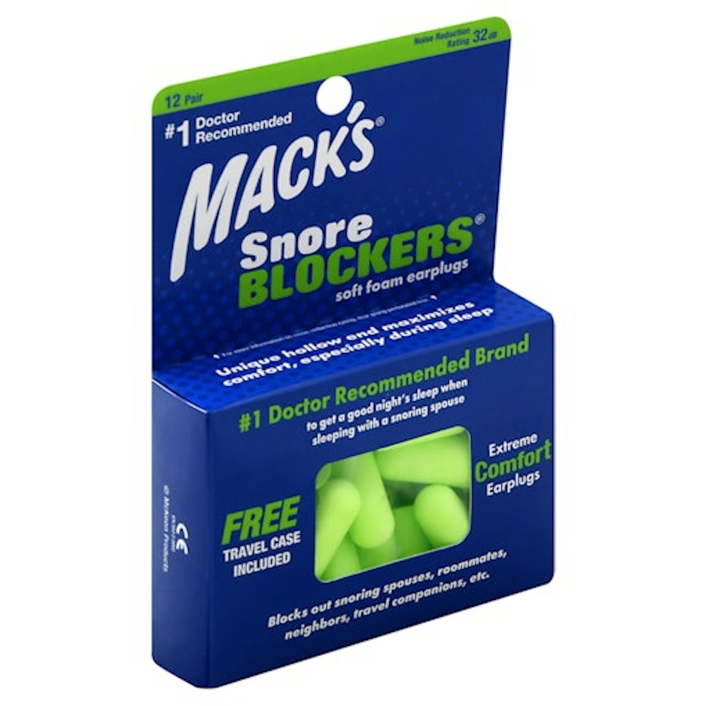 Mack's Snore Blockers soft foam earplugs in a 12-pair bonus pack, designed for noise reduction and comfortable sleep.