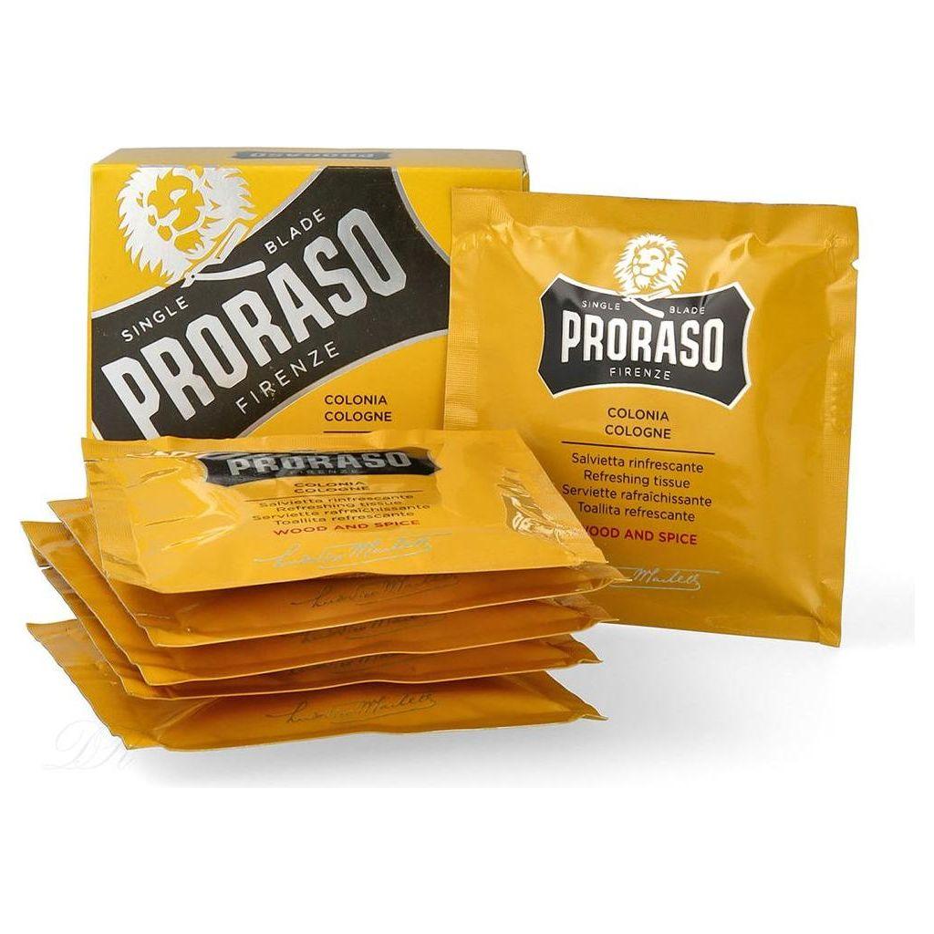 Proraso Single Blade Wood and Spice Eau De Cologne Tissues in 6 sachets, featuring fresh wood and spice scent, packaged for convenience.