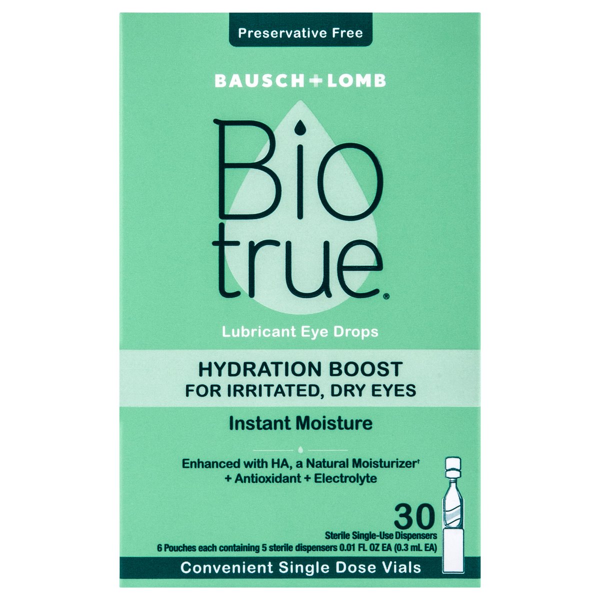 Biotrue Hydration Boost Eye Drops in a clear bottle, designed for dry, irritated eyes, from Pasteur Pharmacy.