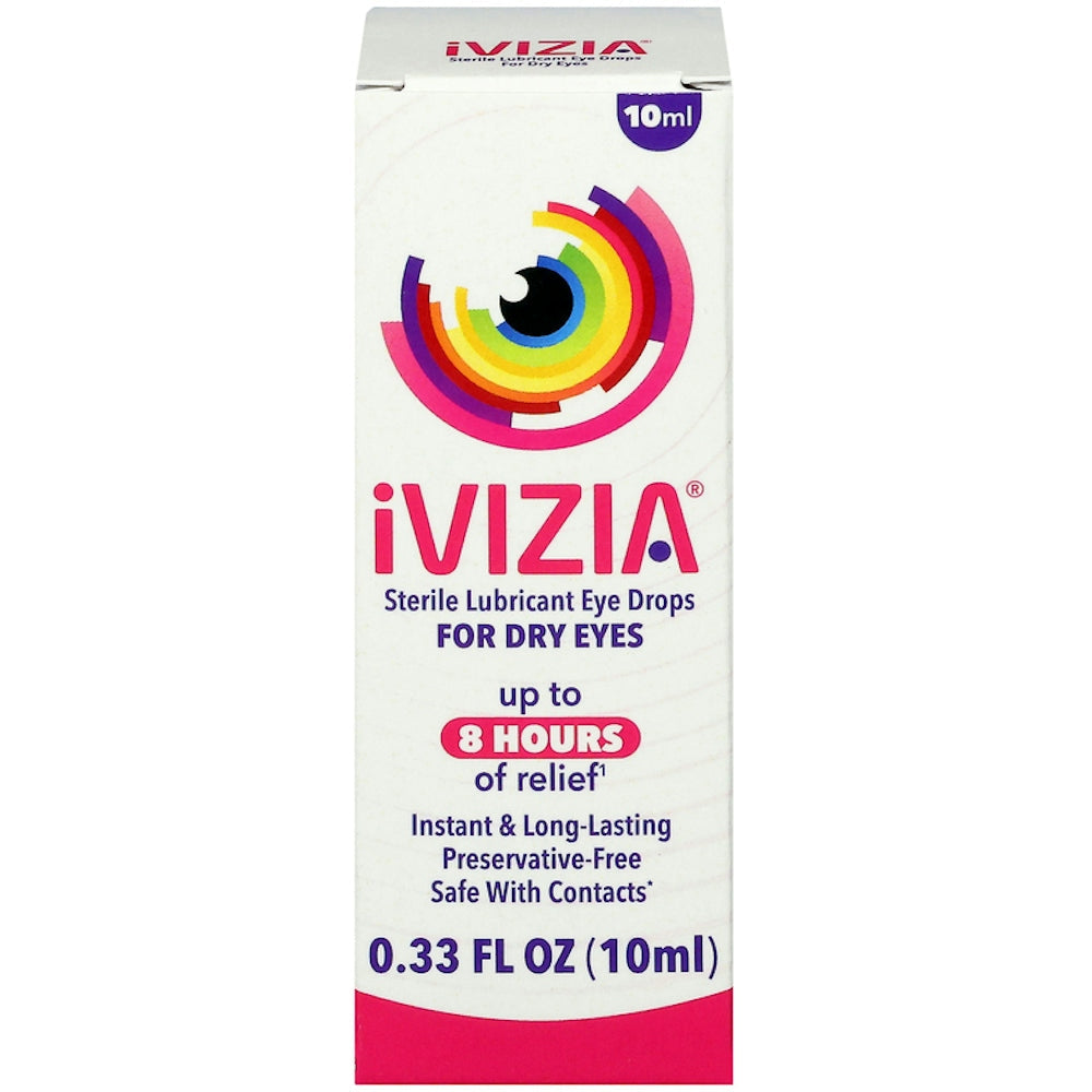 iVizia Sterile Lubricant Eye Drops for dry eyes in a 0.33 fl oz bottle from Pasteur Pharmacy, designed to relieve dry, irritated eyes.