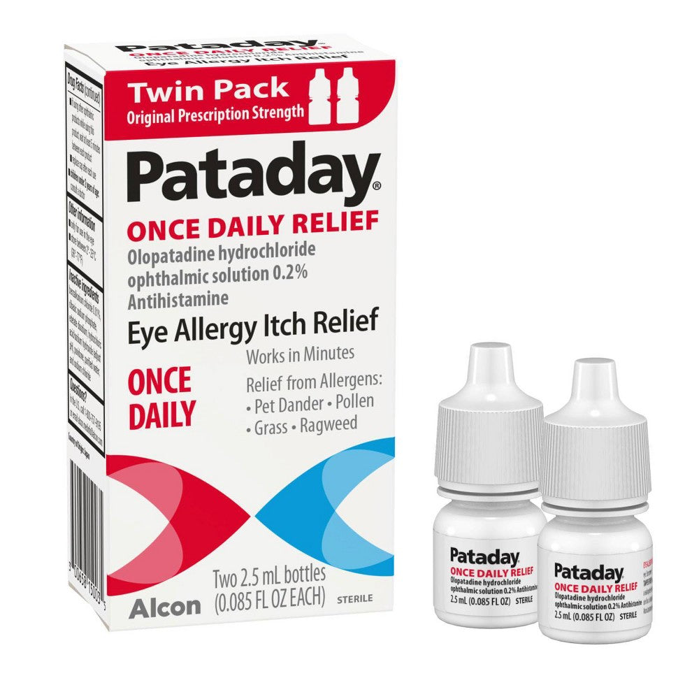 Pataday Once Daily Relief allergy eye drops in a white bottle with a blue cap, designed for eye irritation relief.
