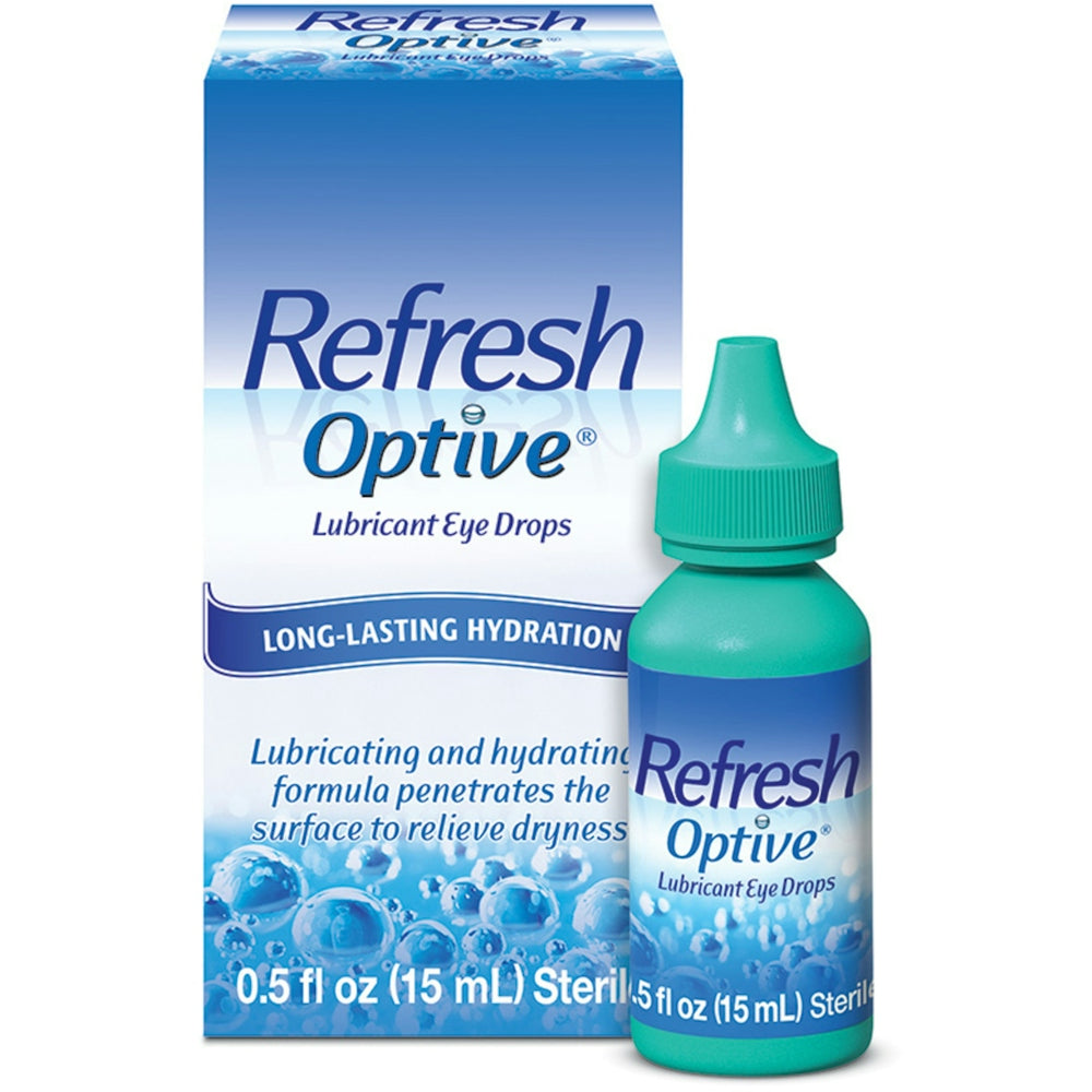 Pasteur Pharmacy Refresh Optive lubricant eye drops in a 0.5 fl oz bottle, designed to soothe and hydrate dry eyes.