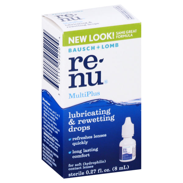 ReNu MultiPlus sterile eye drops and lubricating drops in 0.27 oz box by Pasteur Pharmacy for eye comfort and rewetting.
