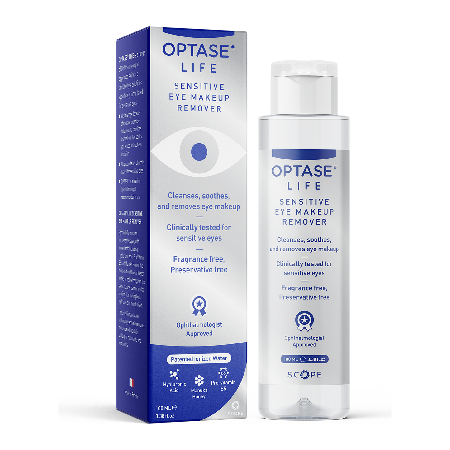 Optase Life Sensitive Eye Makeup Remover by Pasteur Pharmacy, 100ml bottle, gentle eye makeup removal solution.