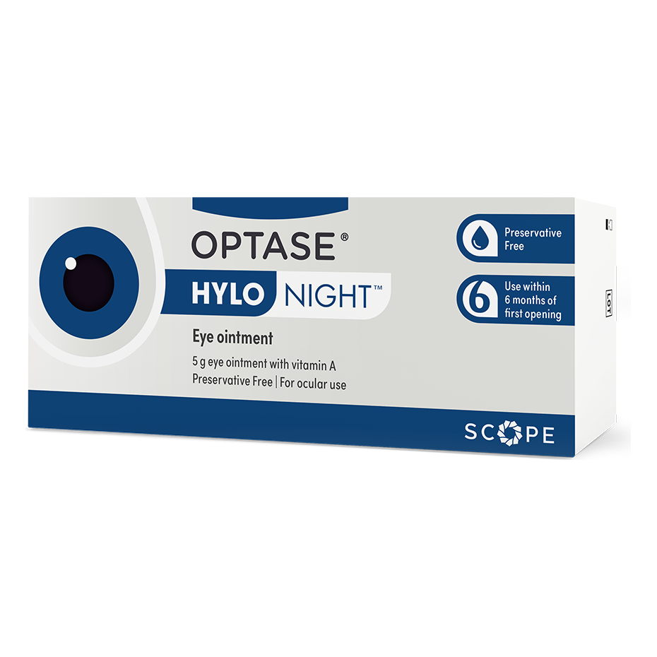 Optase Hylo Night eye ointment in a 5g tube, used for soothing and moisturizing dry or irritated eyes.