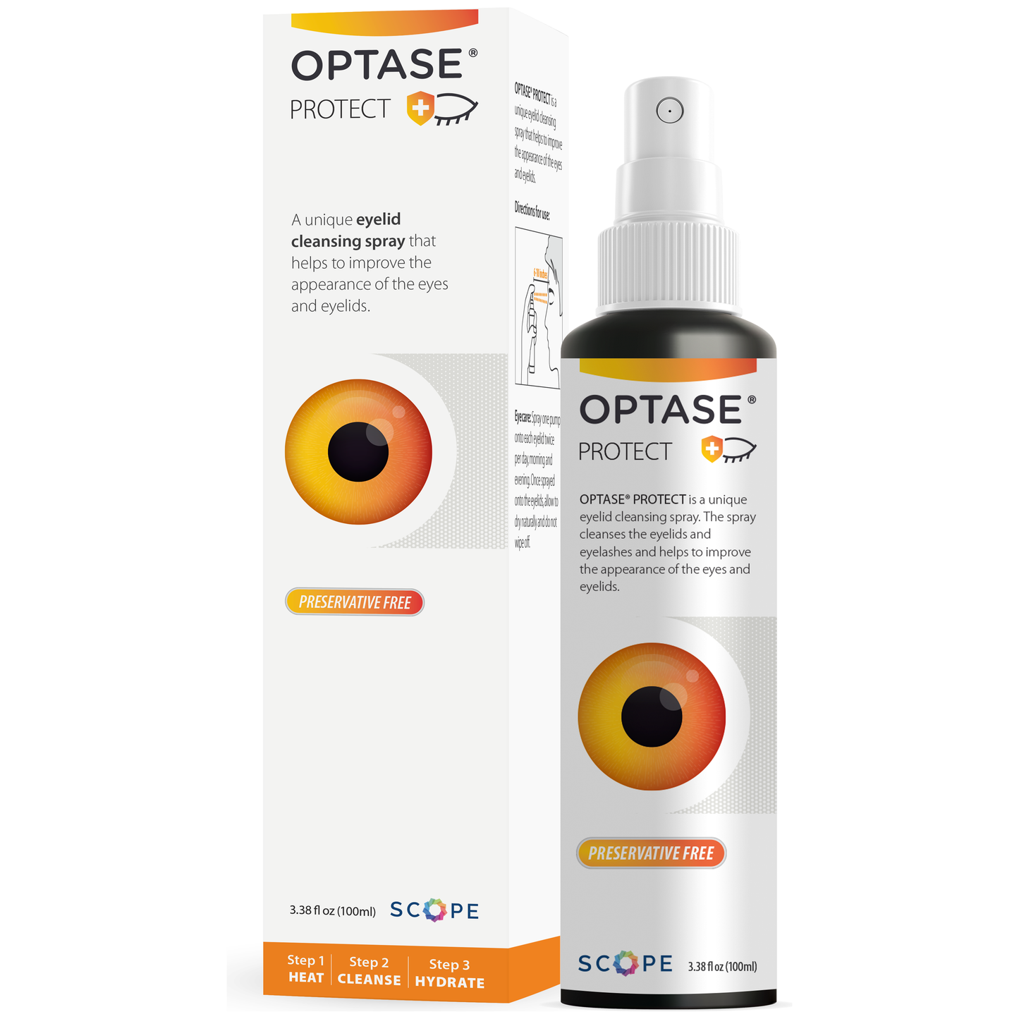 Pasteur Pharmacy Optase Protect eyelid cleansing spray in 3.38 oz bottle, designed for gentle eyelid hygiene and cleansing.