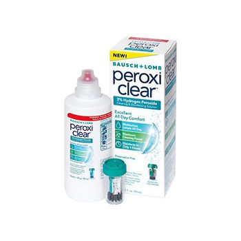 Bausch + Lomb Peroxi Clear eyewear lens cleaning disinfecting solution bottle on a white background