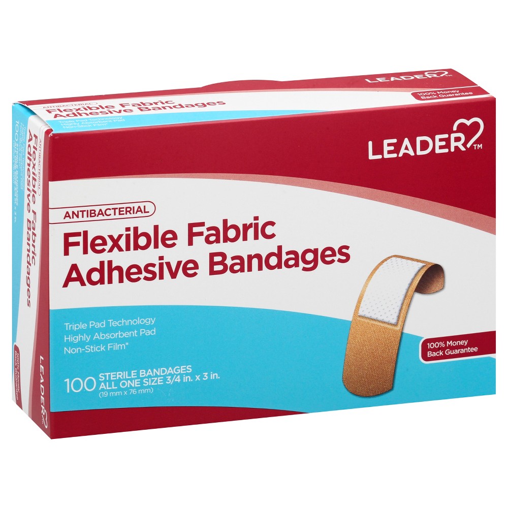 Flexible fabric bandages from Pasteur Pharmacy, antibacterial Leader™ bandages with a soft, stretchable design for wound protection.