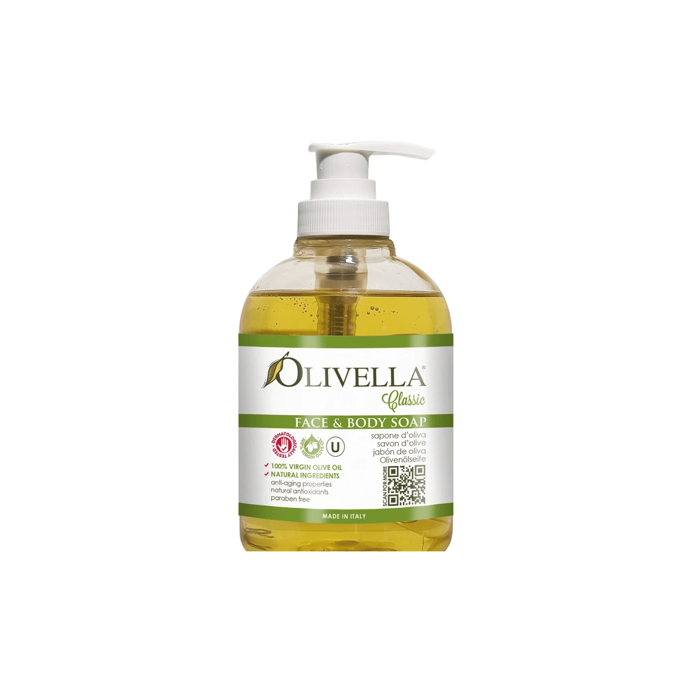 Olivella Face and Body Soap by Pasteur Pharmacy in a 10.14 oz bottle, showing the soap bar with natural ingredients and packaging.