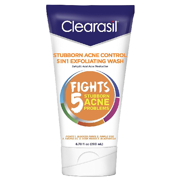 Clearasil Exfoliating Wash face cleanser for stubborn acne control, 6.78 fl oz bottle with gentle exfoliating formula.