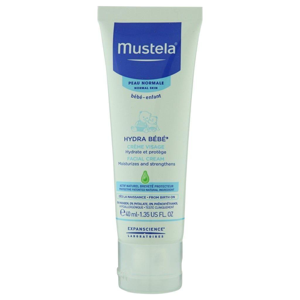 Mustela Hydra Bebe face cream in a 1.4 oz tube, gentle moisturizer for baby’s delicate skin, shown in a natural setting