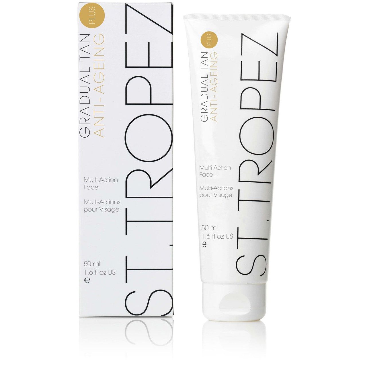 St. Tropez Gradual Tan Face Moisturizer Plus Anti-Aging, 1.6 oz, in a white tube with a flip cap, designed for natural skin glow.