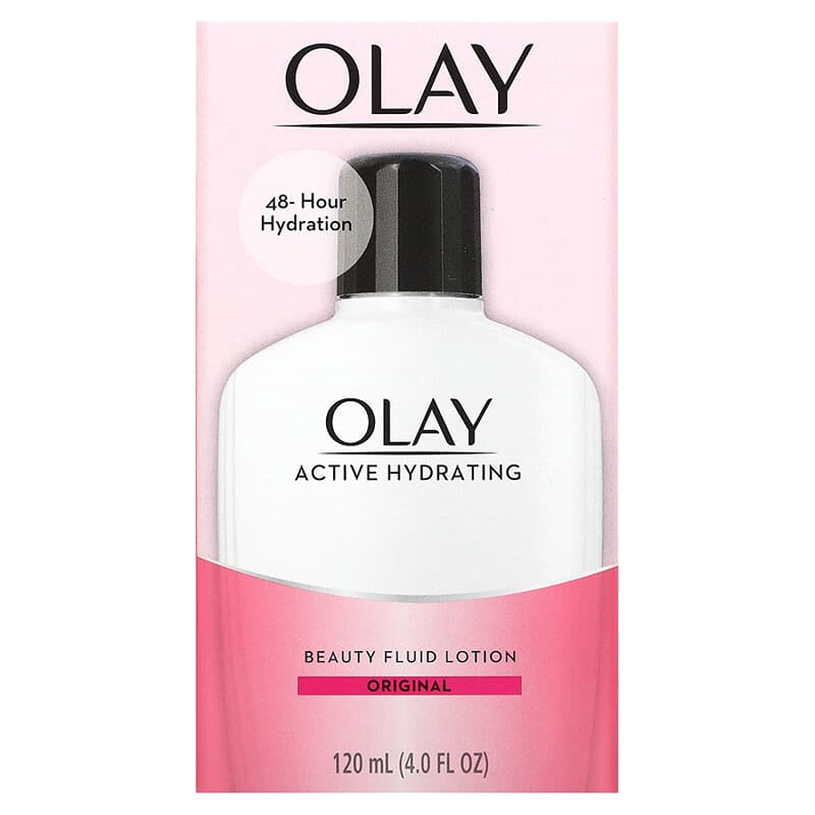 Olay Active Hydrating Original Beauty Fluid Lotion in 4 fl oz bottle, facial moisturizer with a smooth, lightweight formula.