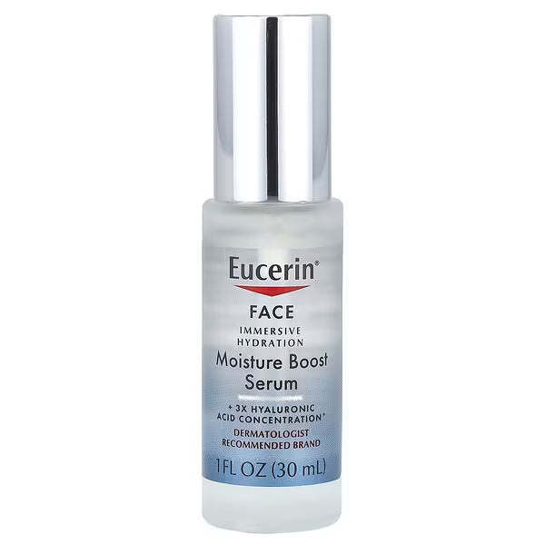 Eucerin Immersive Hydration Moisture Boost Face Serum in 1 oz bottle, hydrating skincare product from Pasteur Pharmacy.
