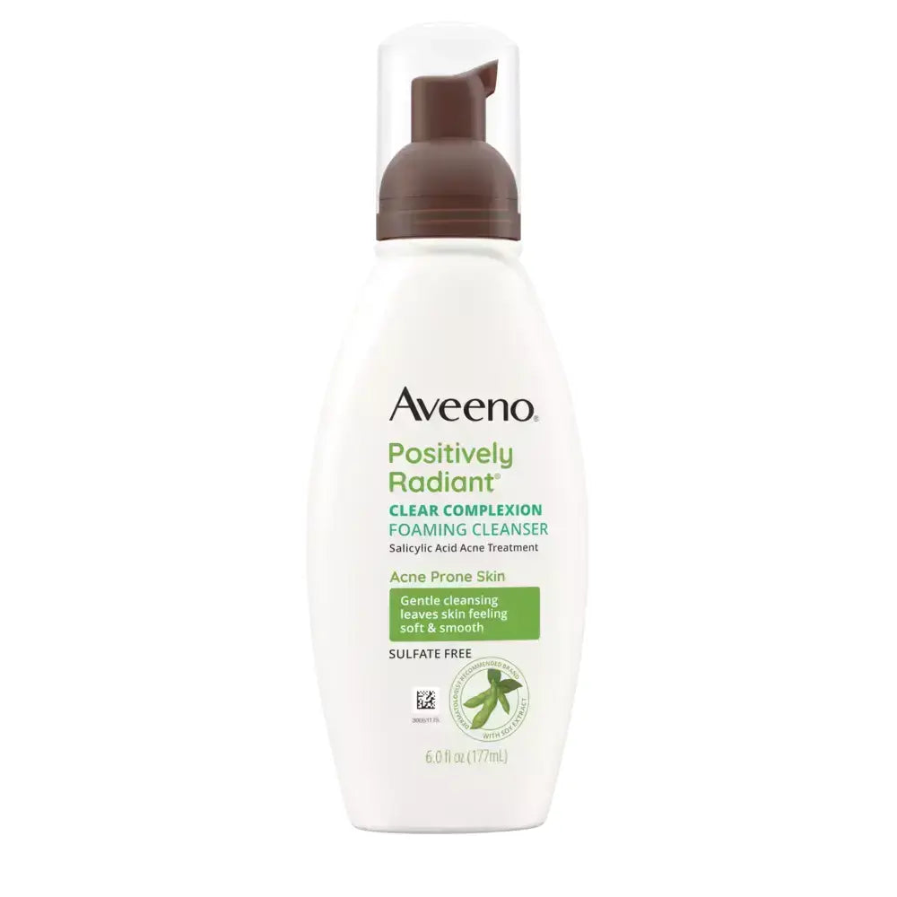 Aveeno Clear Complexion Foaming Facial Cleanser in 6 oz bottle, oil-free formula, with a pump dispenser, suitable for clear skin.