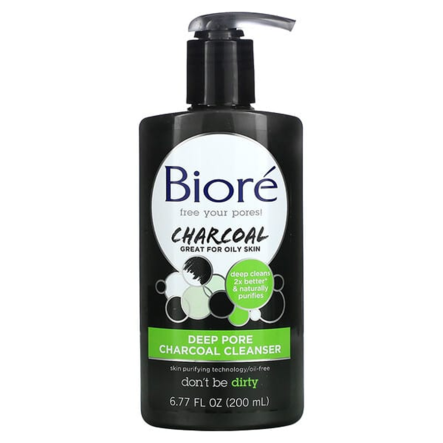 Biore Deep Pore Charcoal Cleanser for oily skin in a 6.77 fl oz bottle, facial cleanser by Pasteur Pharmacy with charcoal formula.