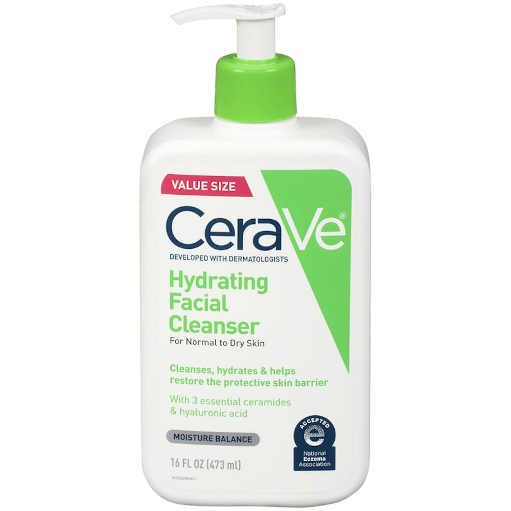 CeraVe Hydrating Facial Cleanser in a large bottle, designed to gently cleanse and hydrate skin, maintaining moisture balance.