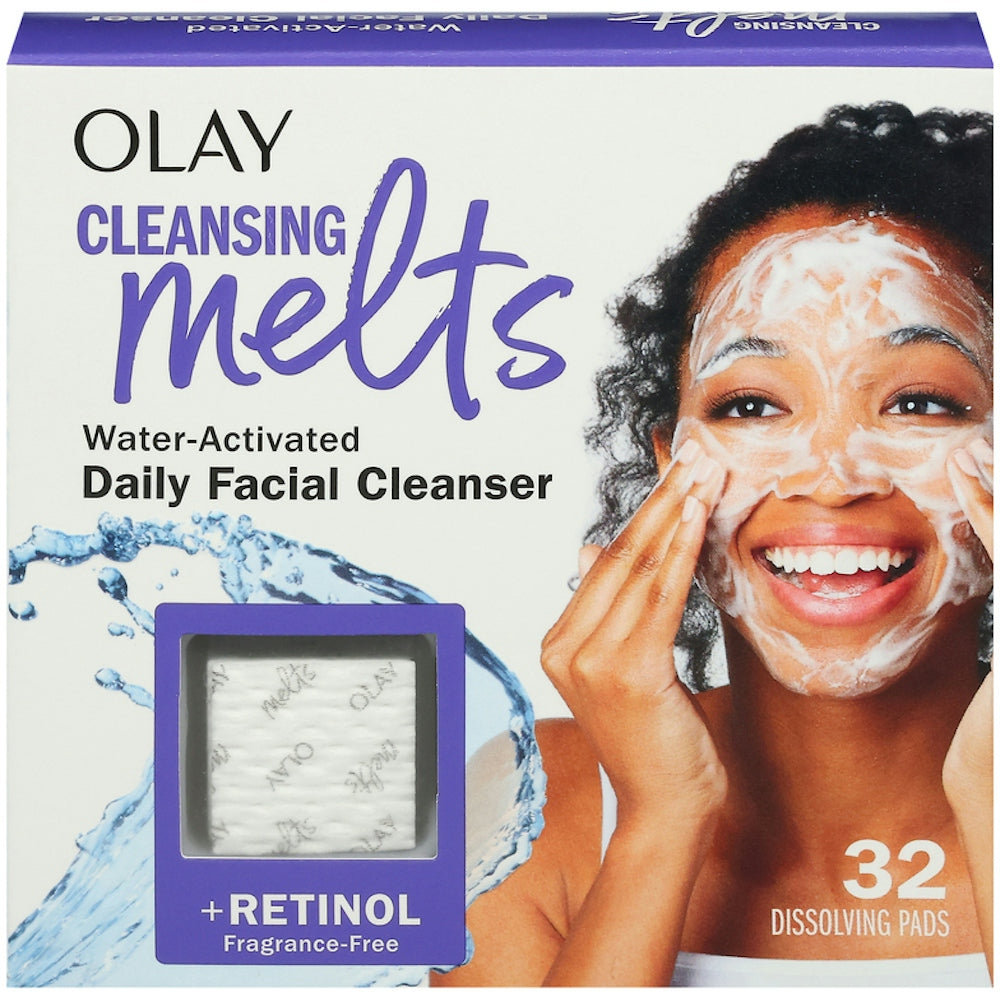 Olay Cleansing Melts Facial Cleanser with Retinol 3-in-1 Pads, 32 count, in a clear jar with white and pink pads inside.