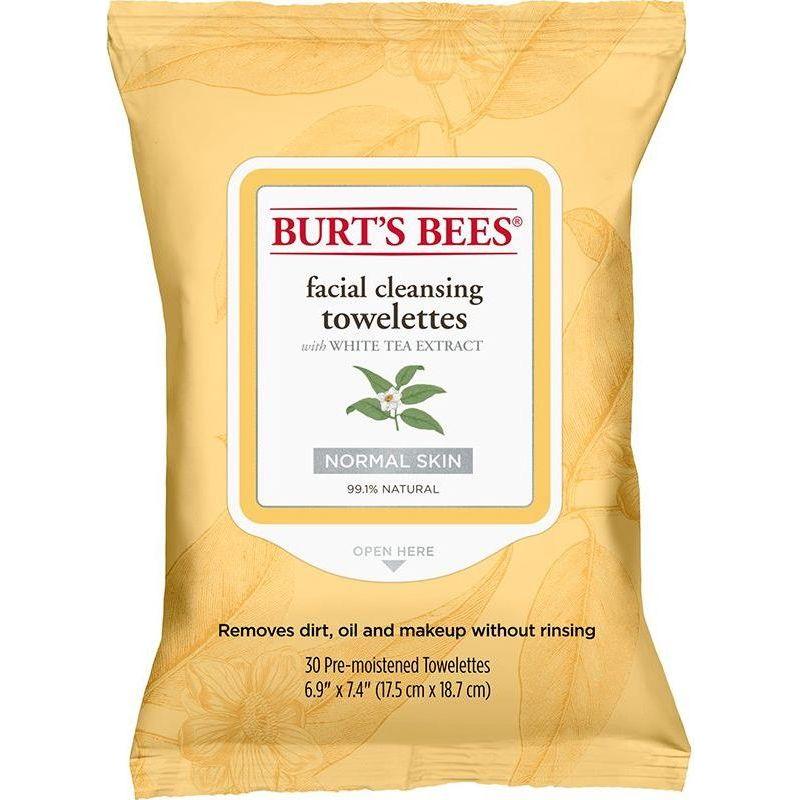 Burt's Bees Facial Cleansing Towelettes with White Tea Extract, 30 count, in a resealable package showing the product and white tea leaves.