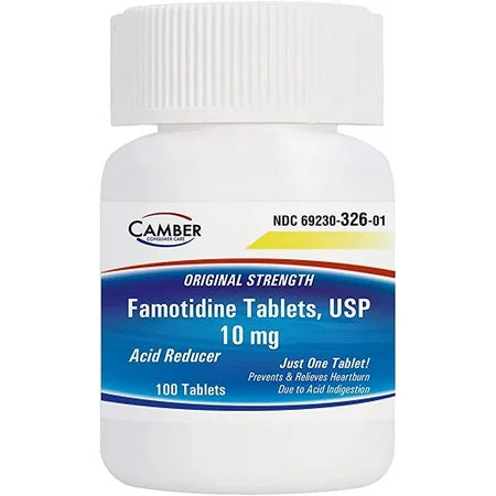 Pack of 100 Pasteur Pharmacy Camber Consumer Care Famotidine 10 mg acid relief tablets in blister packaging