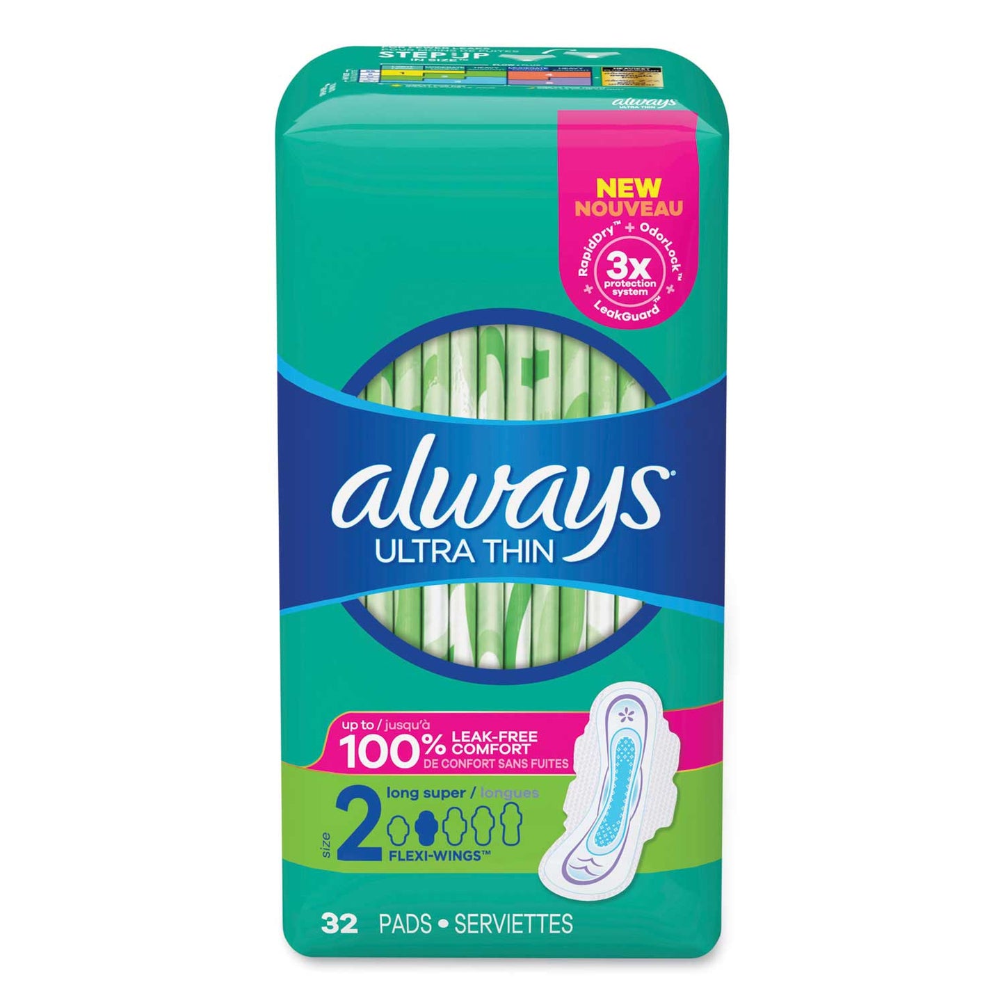 Always Ultra Thin Pads with Wings, Size 2, Long, super absorbent feminine pads in a pack of 32, three packs per carton.
