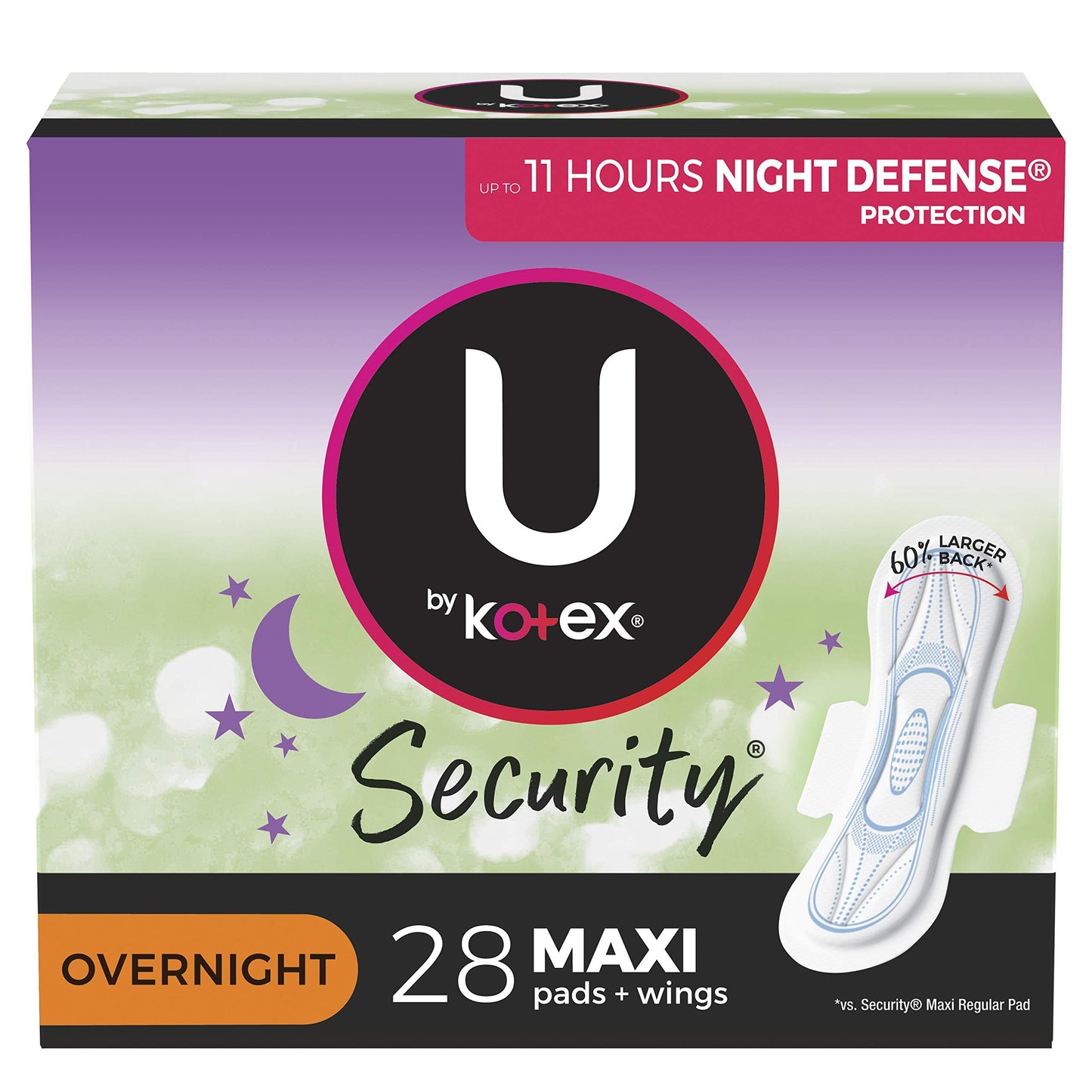 U by Kotex Security Overnight Pads in 6 packs, feminine pads and protectors designed for overnight comfort and protection