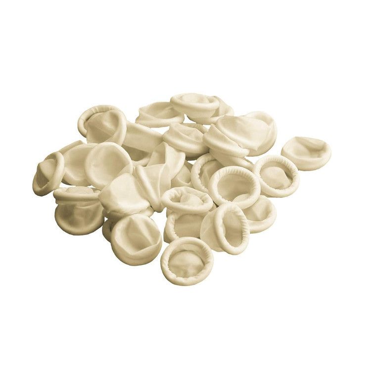 Medium Graham Field latex finger cots, ideal for protection and precision, shown in a natural position on a clean background.