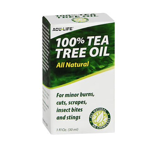Aculife 100% Tea Tree Oil in a 1 oz bottle, natural first aid remedy for skin care and antibacterial use.
