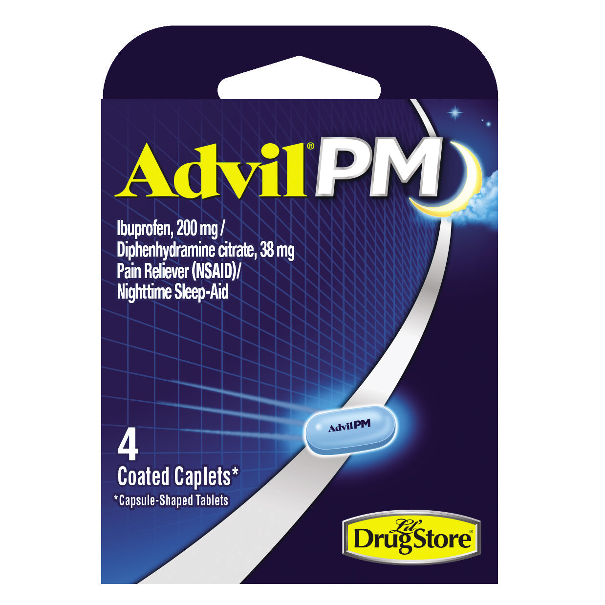 Advil PM 200 mg Ibuprofen nighttime sleep aid in blister pack, used for pain relief and helping sleep at night.