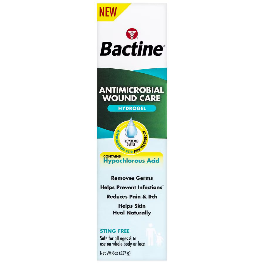 Bactine Antimicrobial Wound Care Hydrogel 8oz in a clear bottle, used for first aid to disinfect and soothe minor cuts and burns.