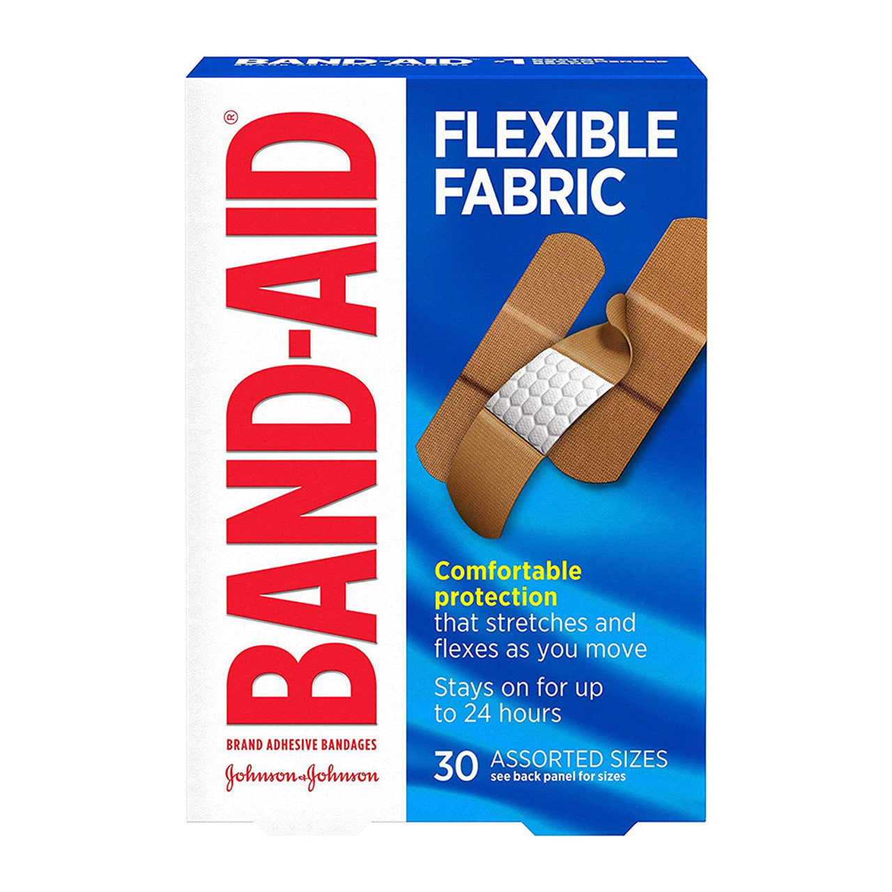 Assorted sizes of Band-Aid Brand Flexible Fabric Adhesive Bandages in a 30-count box, suitable for first aid and wound care.