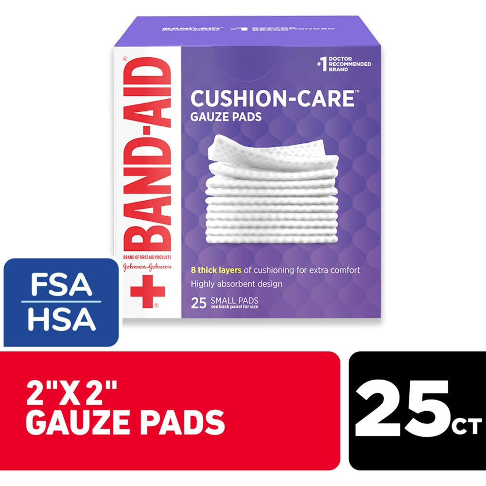 Band-Aid Cushion Care small gauze pads in a box, first aid supplies for wound protection and healing, by Pasteur Pharmacy.