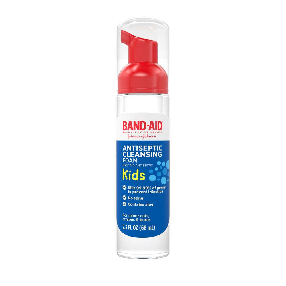 Band-Aid First Antiseptic Cleansing Foam for Kids in a 2.3 oz bottle, designed for gentle wound cleaning and first aid.