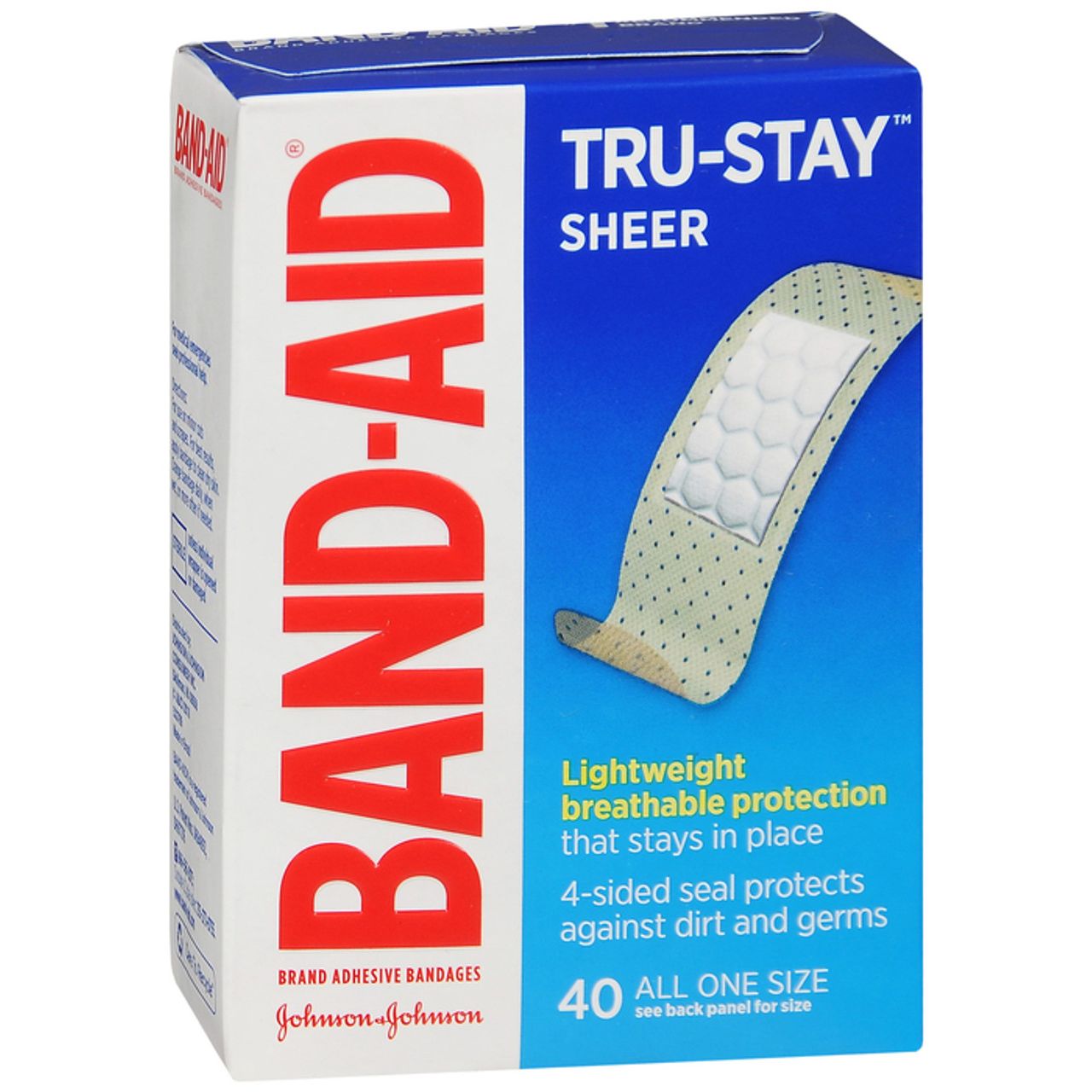 Box of 40 Pasteur Pharmacy Band Aid Tru-Stay All One Size sheer adhesive bandages for minor cuts and scrapes.