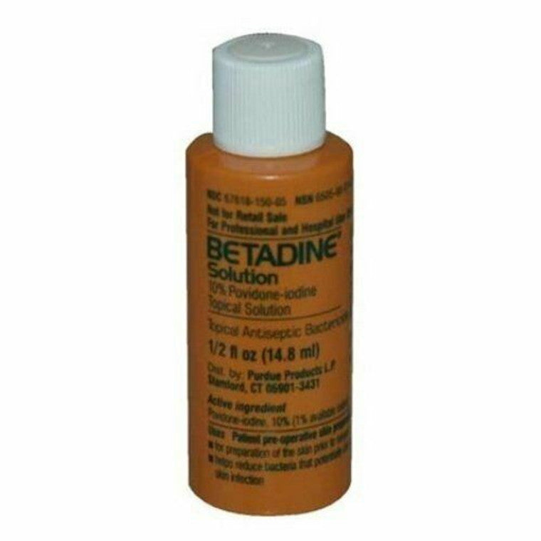 Betadine 10% Povidone-Iodine topical solution in a 0.5 fl oz bottle, used for first aid wound cleaning.