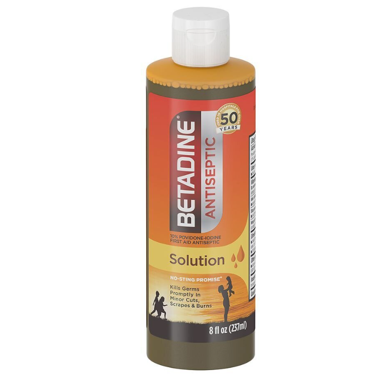 Pasteur Pharmacy Betadine Antiseptic First Aid Solution in 8 fl oz bottle showing the antiseptic liquid for wound care.