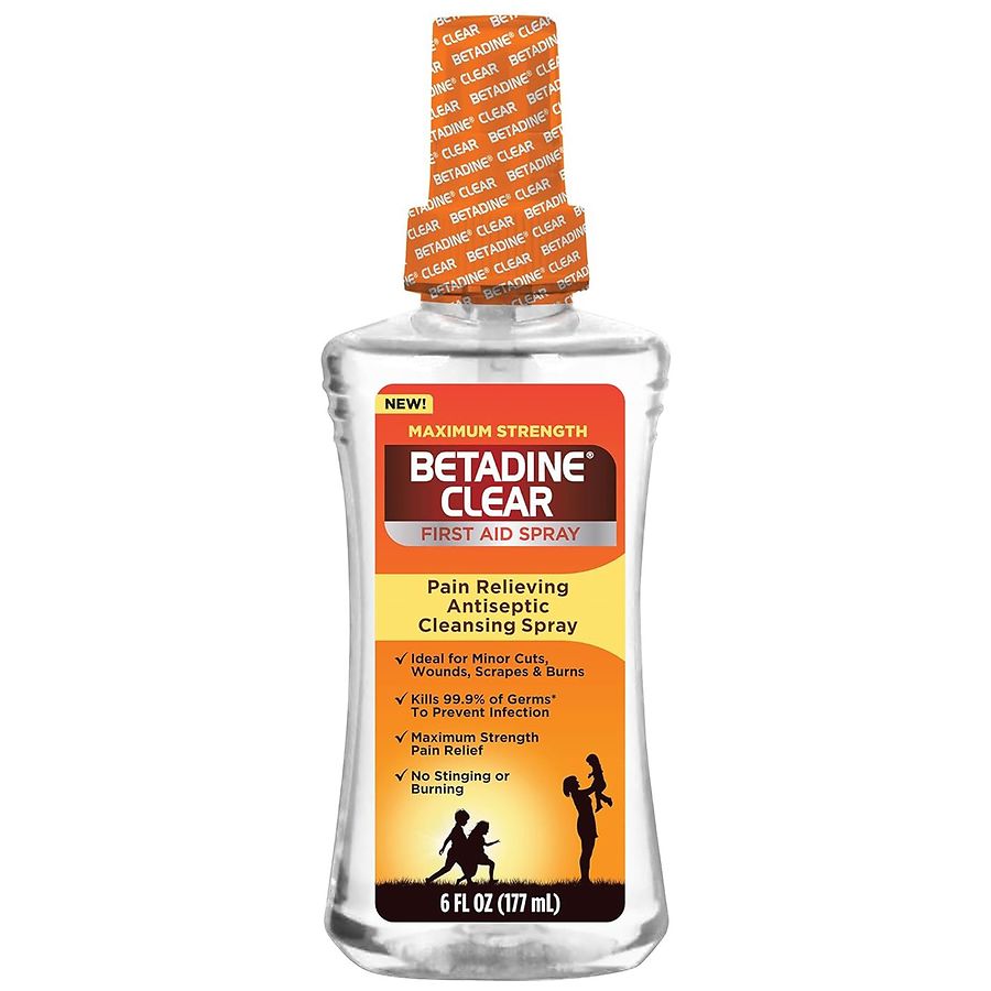 Betadine Clear Maximum Strength First Aid Spray in 6 Fl Oz bottle, antiseptic wound treatment from Pasteur Pharmacy.