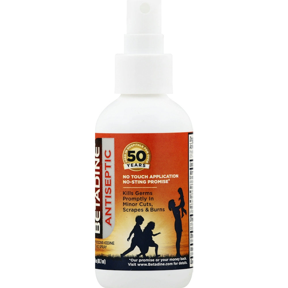 Pasteur Pharmacy Betadine First Aid Antiseptic Spray with 5% Povidone Iodine, 3 oz bottle for wound cleaning and infection prevention.