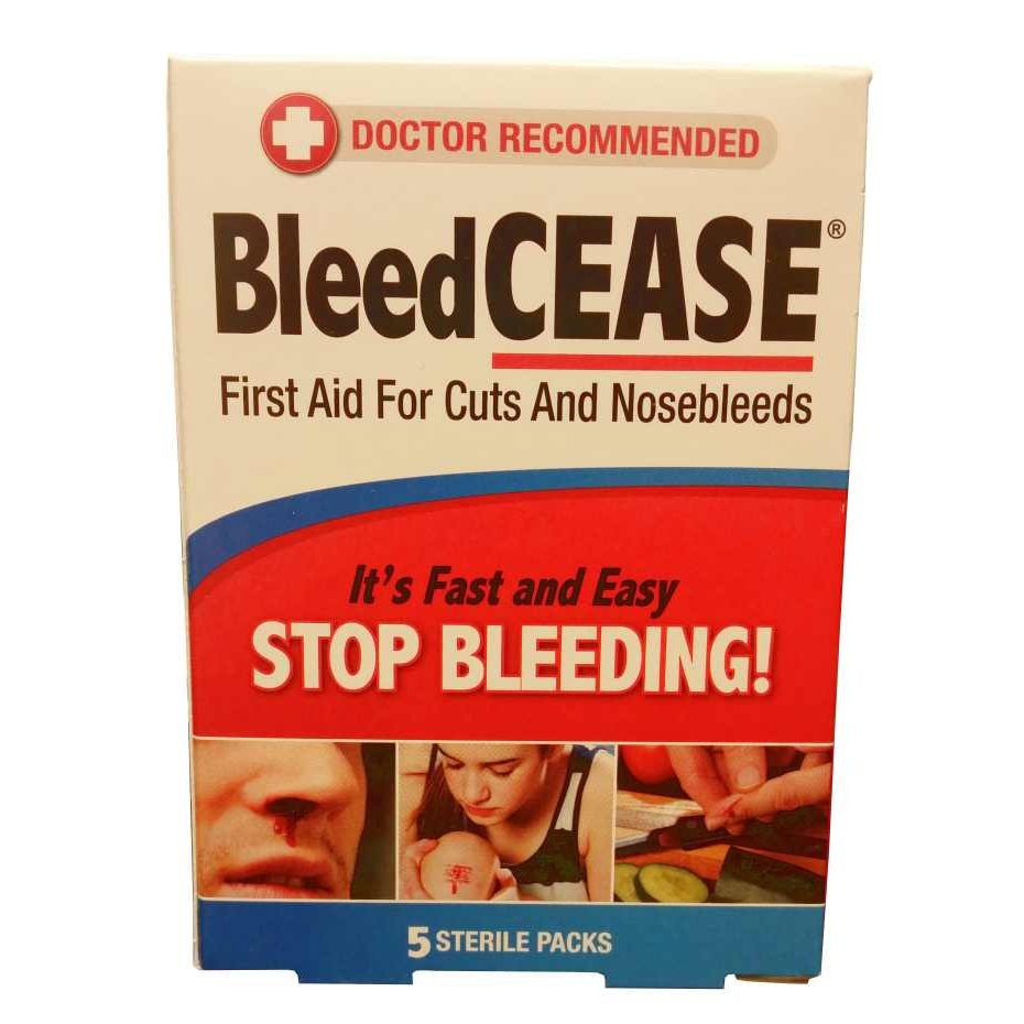 Pasteur Pharmacy Bleed Cease First Aid kit with 5 treatment packs for cuts and nosebleeds, shown in the image.