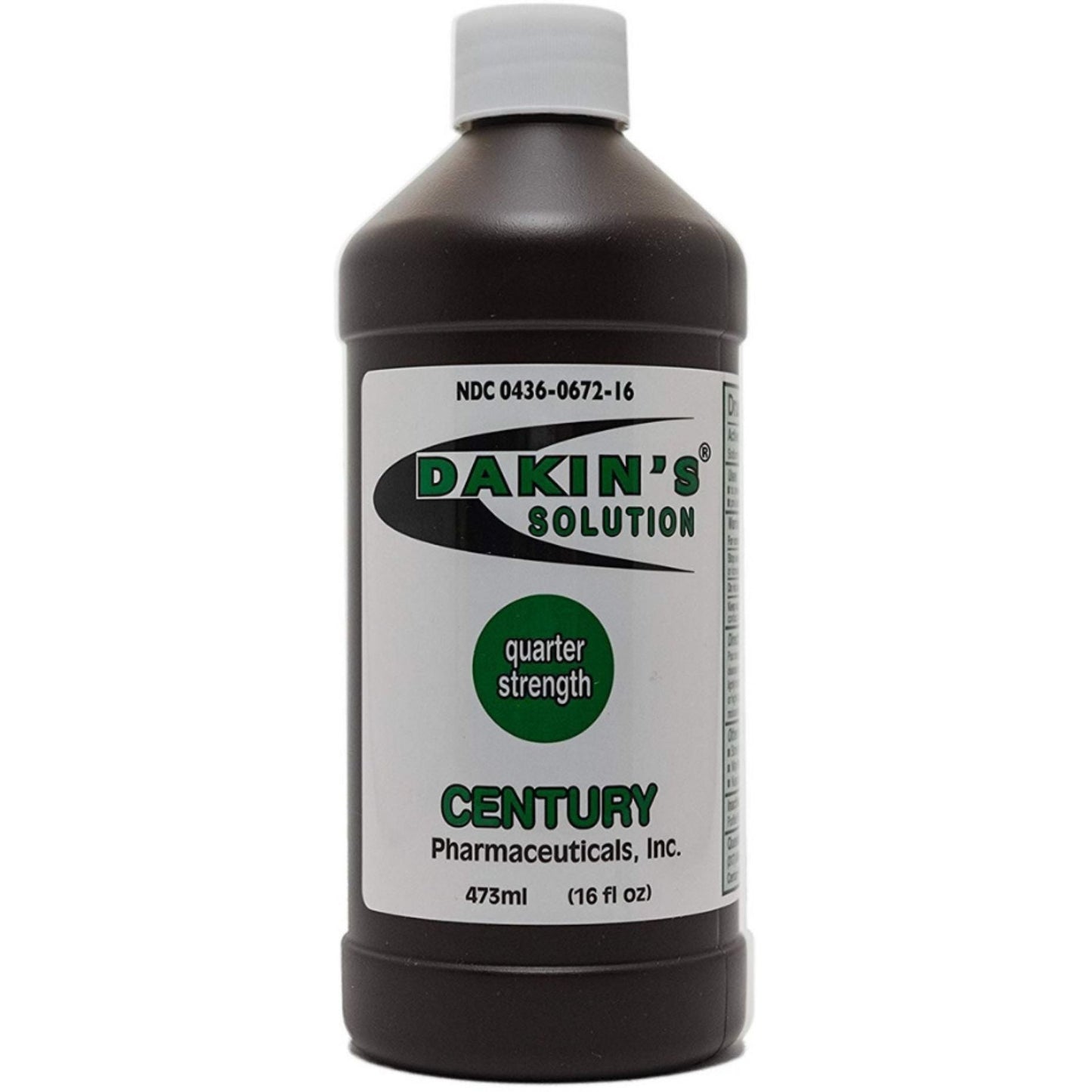 Century Pharmaceuticals Dakin's Solution sodium hypochlorite 0.5% for wounds in a 16 oz bottle, used for first aid and wound care.