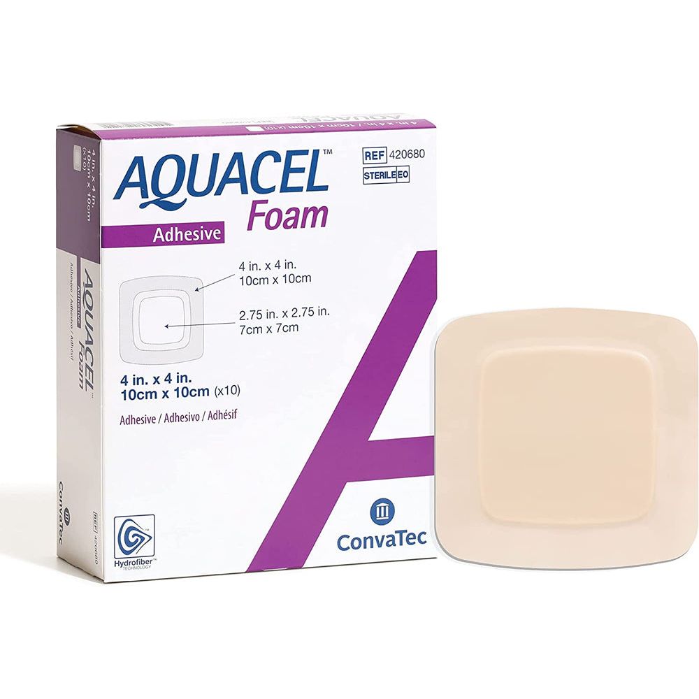 ConvaTec AQUACEL Adhesive Gelling Foam Dressing 4x4 inches, box of 10, for wound care in first aid supplies.